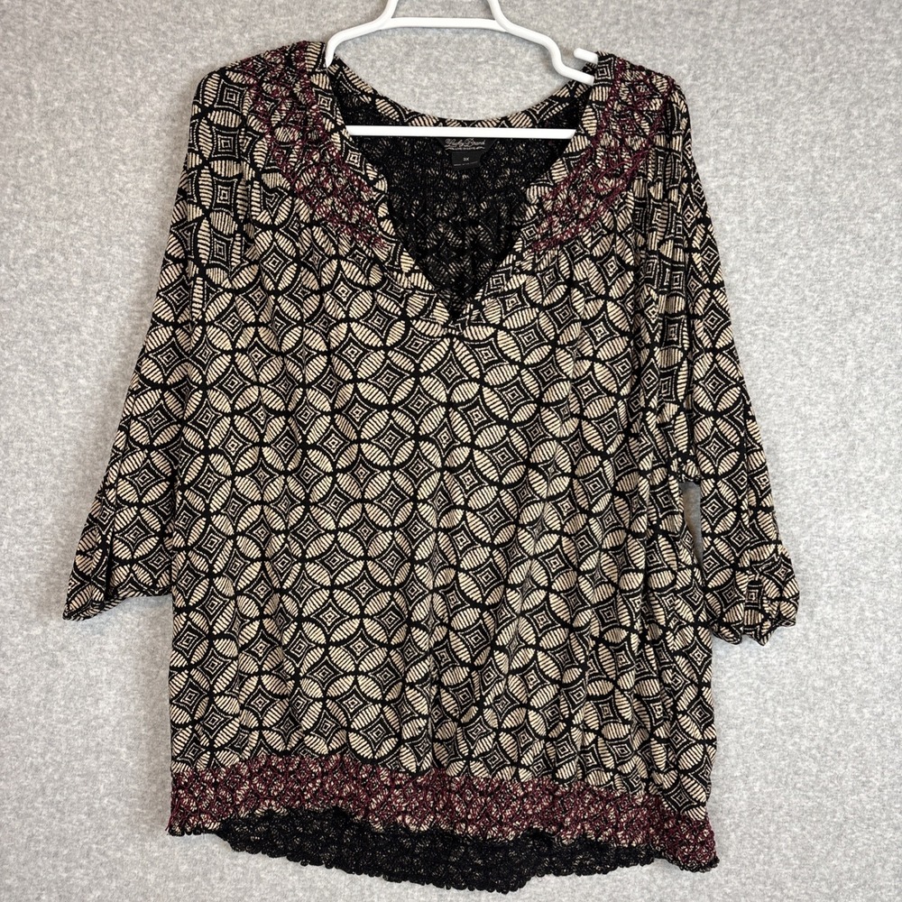 Lucky Brand Women Flowy Top 3X V-neck Boho Peasant Comfy Hippie Casual